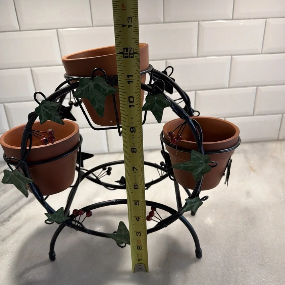 Vintage Wrought Iron Planter With Terra Cotta Pots